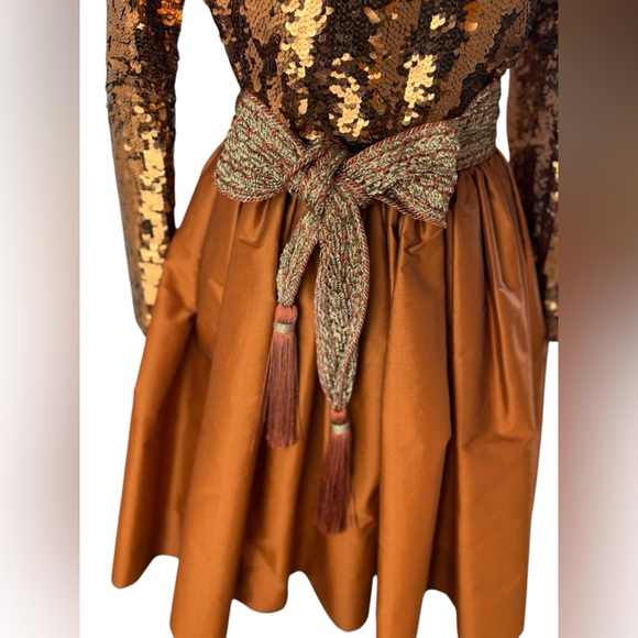 Vintage Oscar de la Renta Studio Sequin and Silk Bronze Formal Mini Dress - Picture 6 of 15
